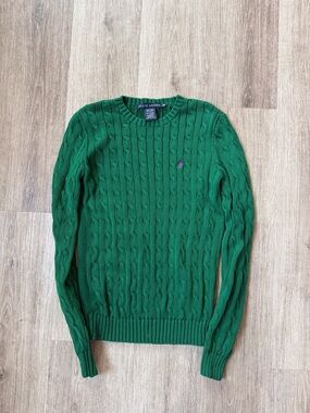 Ralph Lauren Cable Knit Sweater Green Crewneck Cotton Classic Pony Size M